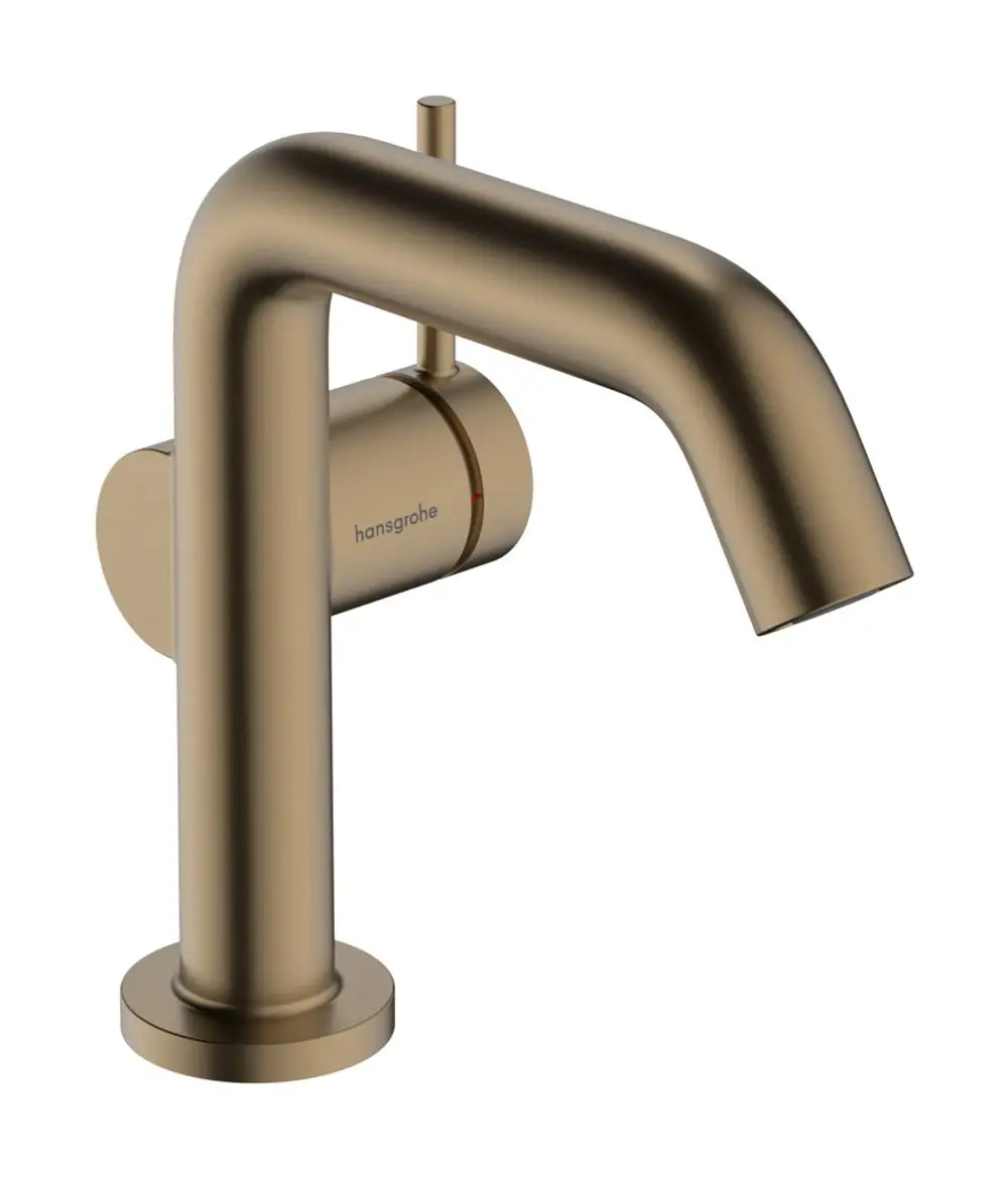 Ein Einhebel-Waschtischmischer von Hansgrohe in gebürstetem Bronze-Finish mit seitlichem Hebel und runder, schwenkbarer Auslauföffnung.